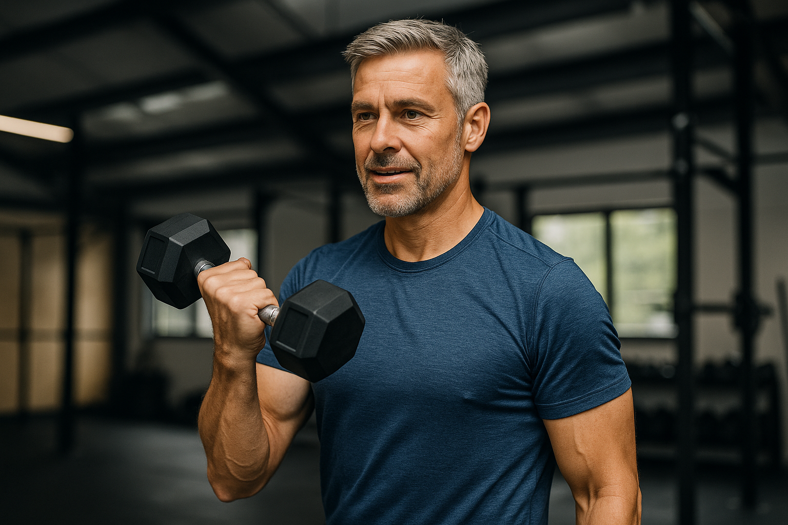 Middle-aged dad exercising with weights